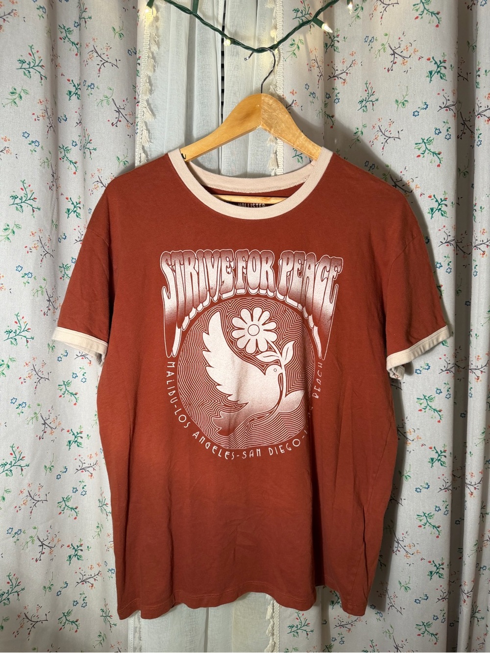 Hollister Rust Ringer Tee with Cream Trim - Strive For Peace Graphic